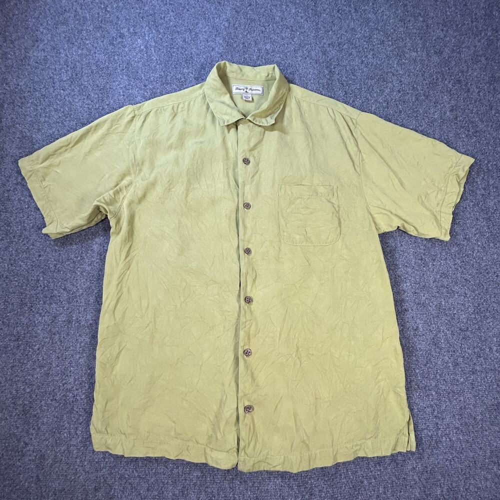 Tommy Bahama Shirt Mens Medium Green Silk Button Up Short‎ Sleeve Camp Casual